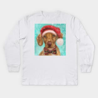 Painting of a Cute Christmas Vizsla Puppy with Red Santa Hat and a Festive Bow Tie Kids Long Sleeve T-Shirt